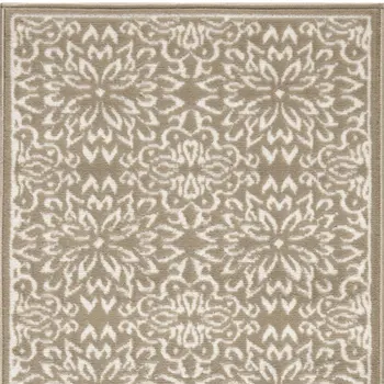 7' Taupe and Ivory Floral Runner Rug