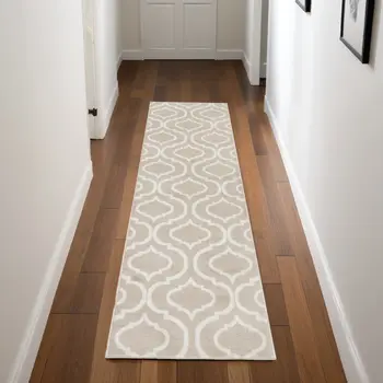 7' Beige and Ivory Trellis Runner Rug