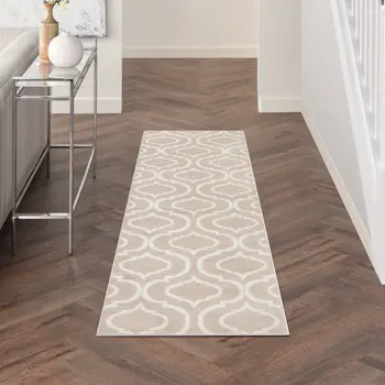 7' Beige and Ivory Trellis Runner Rug