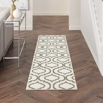 7' Ivory and Green Trellis Runner Rug