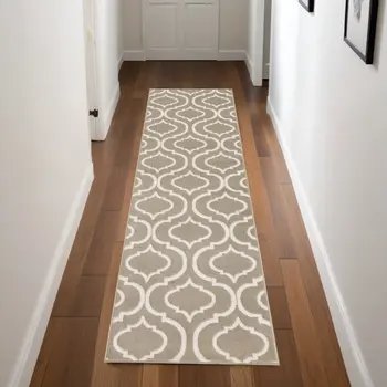 7' Taupe and Ivory Trellis Runner Rug