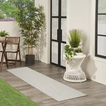 16' Ivory And Silver Geometric Indoor Outdoor Runner Rug