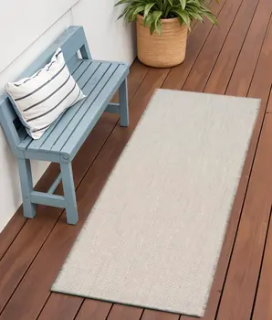 6' Ivory And Silver Geometric Indoor Outdoor Runner Rug