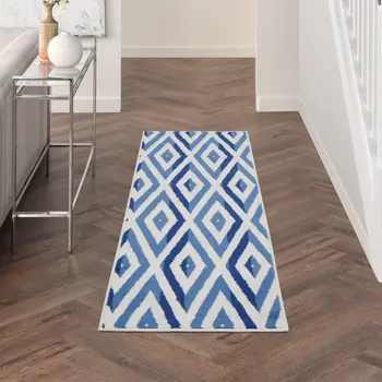 6' Ivory and Blue Geometric Runner Rug