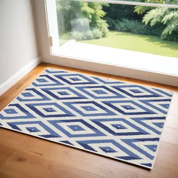 3' X 5' Ivory and Blue Geometric Area Rug