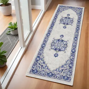 6' Ivory and Blue Floral Runner Rug