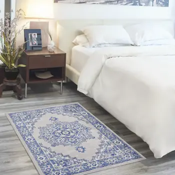 3' X 5' Gray and Blue Medallion Area Rug