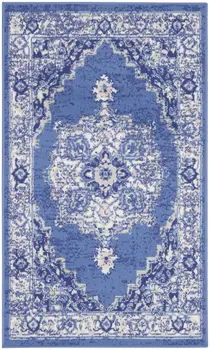 3' X 5' Ivory Navy Blue and Beige Floral Medallion Area Rug