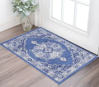 3' X 5' Ivory Navy Blue and Beige Floral Medallion Area Rug