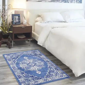 3' X 5' Ivory Navy Blue and Beige Floral Medallion Area Rug