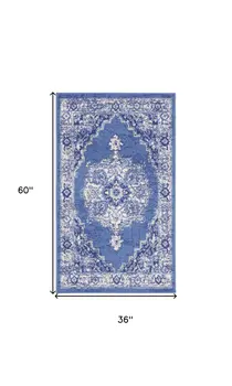 3' X 5' Ivory Navy Blue and Beige Floral Medallion Area Rug