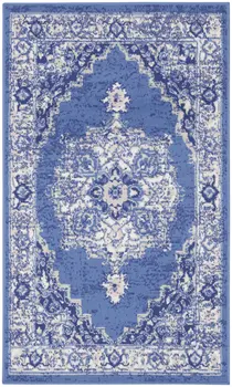3' X 5' Ivory Navy Blue and Beige Floral Medallion Area Rug