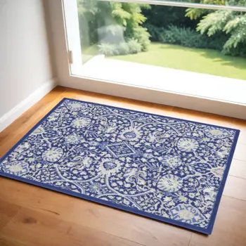 3' X 5' Navy Blue Ivory and Beige Floral Area Rug