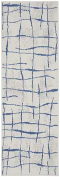 6' Ivory and Blue Abstract Geometric Distressed Runner Rug
