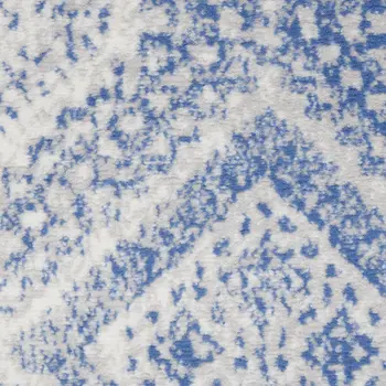 6' Ivory and Blue Abstract Geometric Distressed Runner Rug