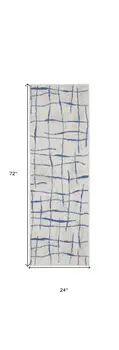 6' Ivory and Blue Abstract Geometric Distressed Runner Rug