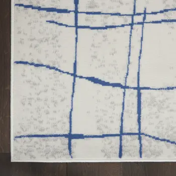 3' X 5' Ivory and Blue Abstract Geometric Distressed Area Rug