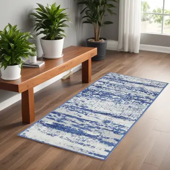 6' Ivory and Navy Blue Abstract Runner Rug