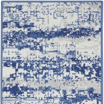 6' Ivory and Navy Blue Abstract Runner Rug