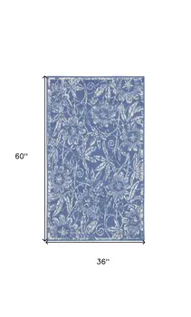 3' X 5' Ivory and Blue Floral Distressed Area Rug