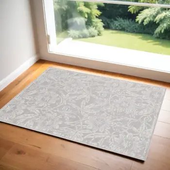 3' X 5' Gray and Ivory Floral Distressed Area Rug