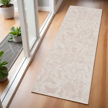 6' Pink and Ivory Floral Distressed Runner Rug