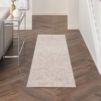 6' Pink and Ivory Floral Distressed Runner Rug