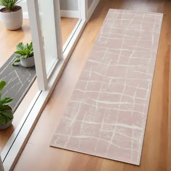 6' Pink and Ivory Abstract Geometric Runner Rug