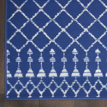 6' Navy Blue and Ivory Geometric Runner Rug