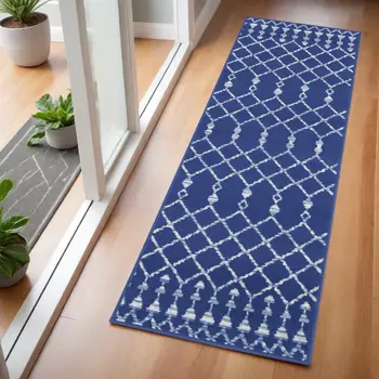 6' Navy Blue and Ivory Geometric Runner Rug