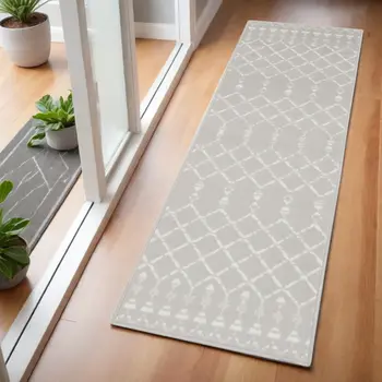 6' Gray and Ivory Geometric Runner Rug