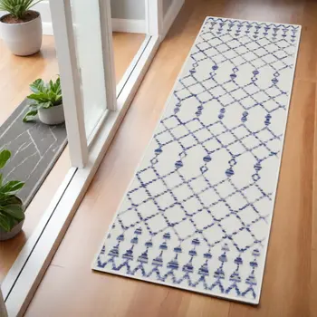6' Ivory and Blue Geometric Runner Rug