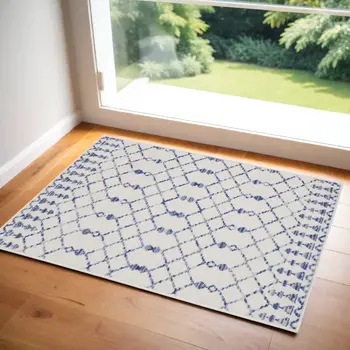 3' X 5' Ivory and Blue Geometric Area Rug