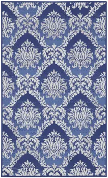 3' X 5' Blue and Ivory Damask Distressed Area Rug