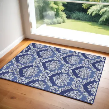 3' X 5' Blue and Ivory Damask Distressed Area Rug