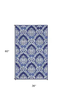 3' X 5' Blue and Ivory Damask Distressed Area Rug