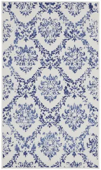 3' X 5' Ivory and Navy Blue Damask Distressed Area Rug