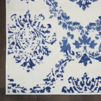 3' X 5' Ivory and Navy Blue Damask Distressed Area Rug