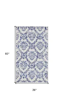 3' X 5' Ivory and Navy Blue Damask Distressed Area Rug