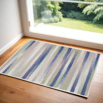 3' X 5' Ivory Tan and Blue Striped Area Rug