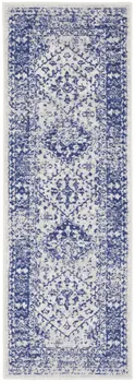6' Ivory and Navy Blue Geometric Distressed Runner Rug