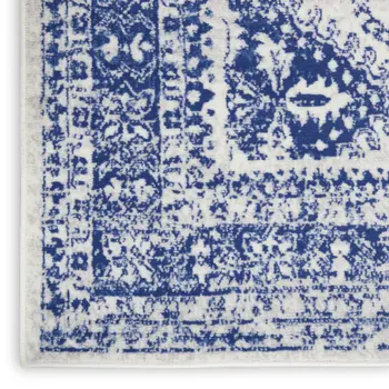 6' Ivory and Navy Blue Geometric Distressed Runner Rug