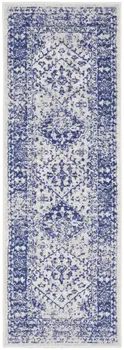 6' Ivory and Navy Blue Geometric Distressed Runner Rug