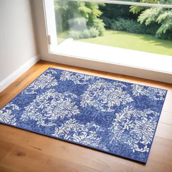 3' X 5' Navy Blue and Ivory Damask Distressed Area Rug