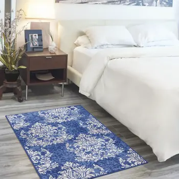 3' X 5' Navy Blue and Ivory Damask Distressed Area Rug