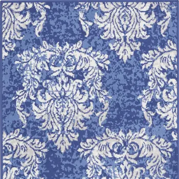 3' X 5' Navy Blue and Ivory Damask Distressed Area Rug