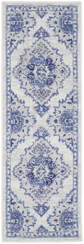 6' Ivory and Blue Floral Medallion Runner Rug