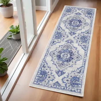 6' Ivory and Blue Floral Medallion Runner Rug
