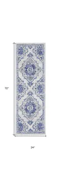 6' Ivory and Blue Floral Medallion Runner Rug