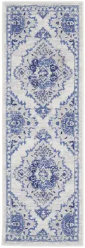 6' Ivory and Blue Floral Medallion Runner Rug